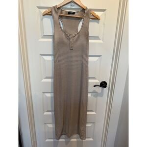 THE WORK SHOP Women Beige Black Striped Henley Racerback Ribbed Maxi Dress L